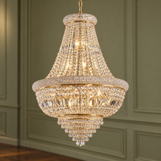 Ideal lux dubai lampadario con pendenti in cristallo 24 luci 80cm per soggiorno classico ottone