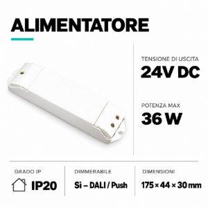 Trasformatore 36w dimmerabile dali push per strip led 24v ip20 ideal lux