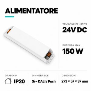 Trasformatore 150w dali push dimmerabile per strip led 24v ip20 ideal lux