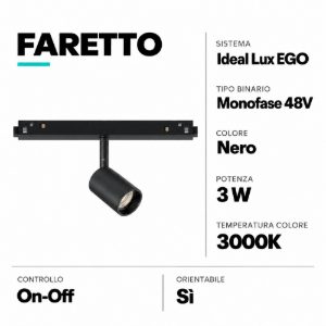 Ego track faretto led 3w 3000k osram nero orientabile per binario monofase 48v ideal lux