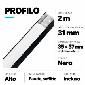 Profilo alto 2mt nero per strisce led max 31mm ideal lux