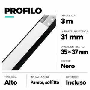 Profilo alto nero 3mt per strisce led max 31mm ideal lux