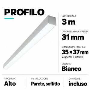 Profilo alto 3mt bianco per strisce led max 31mm ideal lux