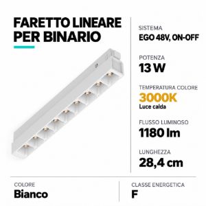 Ideal lux ego accent faretto lineare per binario led 13w 3000k 28,4cm on-off bianco