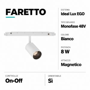 Ideal lux faretto led 8w bianco orientabile magnetico osram per binario monofase 48v