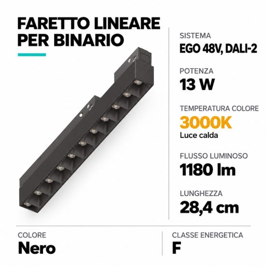 Ideal lux ego accent faretto lineare per binario led 13w 3000k 28,4cm dali nero