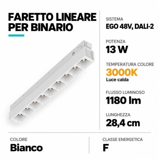 Ideal lux ego accent faretto lineare per binario led 13w 3000k 28,4cm dali bianco