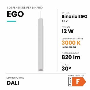 Ego pendant lampada a sospensione per binario led 12w dali 3000k bianco ottica 30 ideal lux