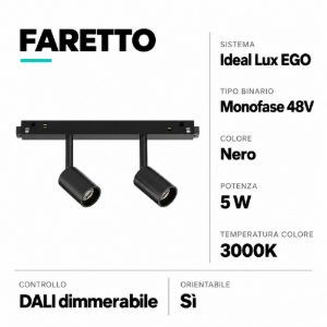 Ideal lux ego faretti led 5w 3000k nero per binario monofase 48v dali