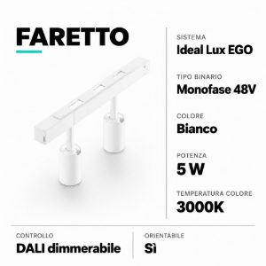 Ego ideal lux faretti led bianco dimmerabili 5w 3000k per binario monofase48v dali