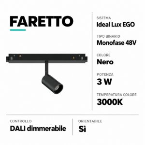 Ideal lux ego track faretto monofase nero 3w 3000k led dimmerabile orientabile