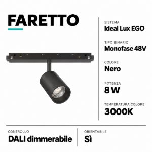 Faretto led 8w 3000k dimmerabile orientabile nero per binario monofase 48v