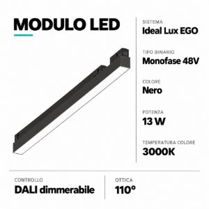 Ego barra modulo faretti led 13w 3000k dali nero binario monofase sospensione plafone ego