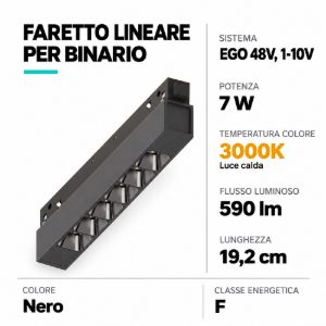 Ideal lux ego accent faretto lineare per binario led 7w 3000k 19,2cm 1-10v nero