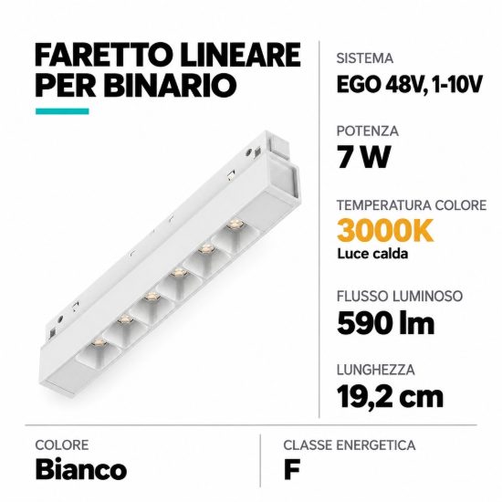 Ideal lux ego accent faretto lineare per binario led 7w 3000k 19,2cm 1-10v bianco