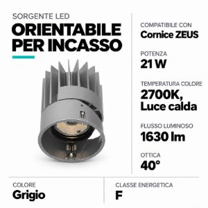 Ideal lux zeus sorgente led orientabile per faretti da incasso 21w 2700k 8,2cm grigio