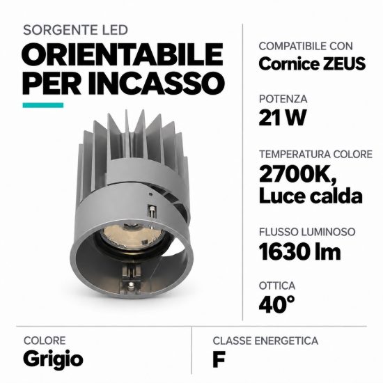 Ideal lux zeus sorgente led orientabile per faretti da incasso 21w 2700k 8,2cm grigio