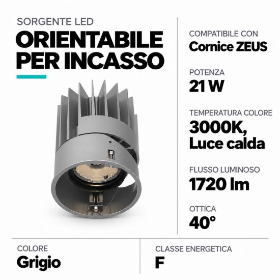 Ideal lux zeus sorgente led orientabile per faretti da incasso 21w 3000k 8,2cm grigio