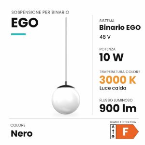 Ego ideal lux lampada a sospensione nera sfera vetro per binario monofase led 10w 3000k