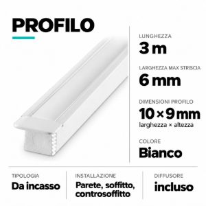 Profilo da incasso 3mt bianco per strisce led max 6mm ideal lux