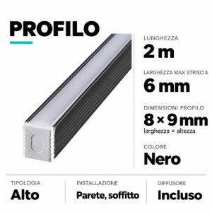 Profilo alto 2mt nero per strisce led max 6mm ideal lux