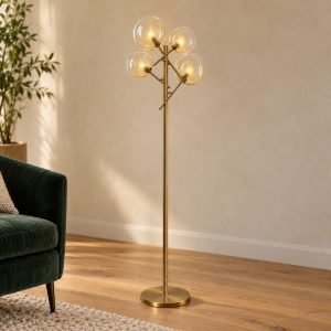 Ideal lux equinoxe piantana con 4 sfere g4 166cm per soggiorno moderna ambra