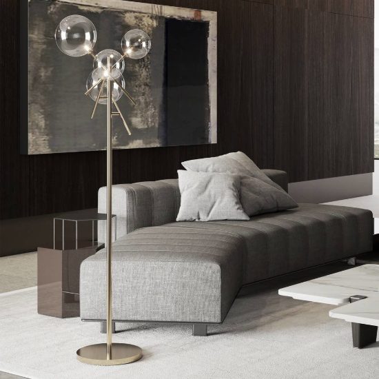 Ideal lux equinoxe piantana con 4 sfere g4 166cm per soggiorno moderna ambra