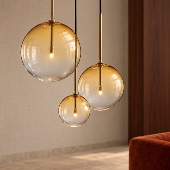 Ideal lux equinoxe lampadario con 3 pendenti a sfera 42cm per camera da letto moderno ambra