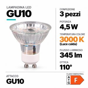 Lampadina gu10 led 4,5w 3000k dimmerabile confezione 3 pezzi