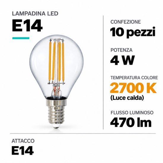 Lampadina pallina e14 led 4w 2700k dimmerabile confezione 10 pezzi
