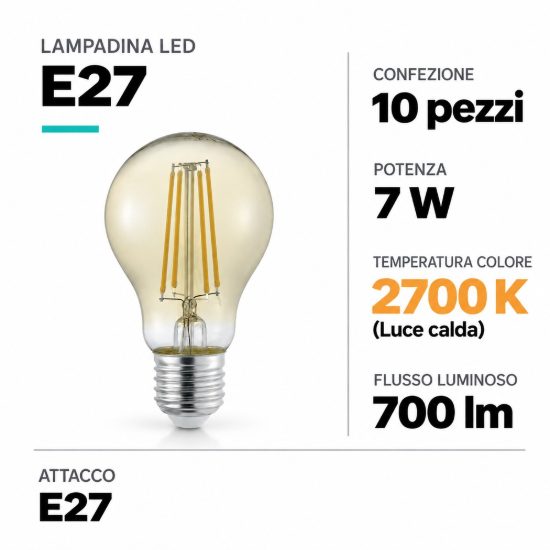 Lampadina led e27 7w 2700k dimmerabile confezione 10 pezzi