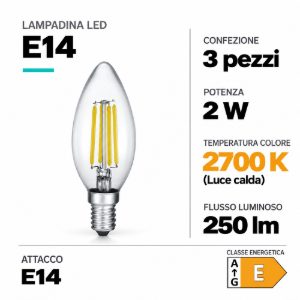 Lampadina e14 led candela 2w 2700k confezione 3 pezzi