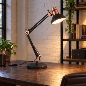 Ideal lux wally tl1 lampada da scrivania snodata e27 industriale nero e rame