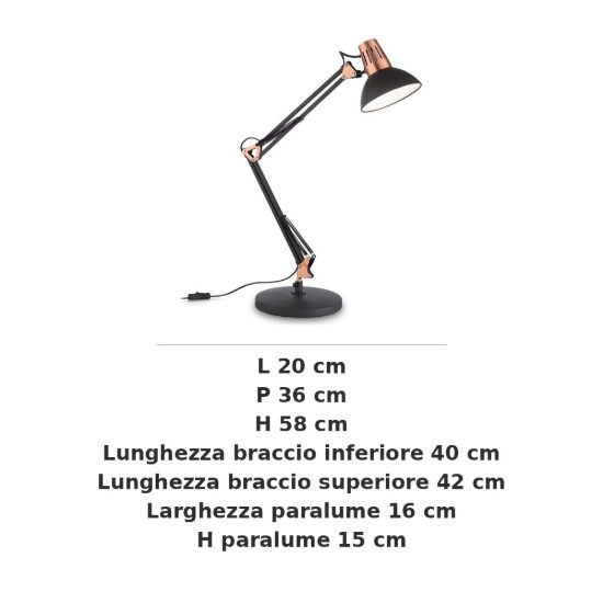 Ideal lux wally tl1 lampada da scrivania snodata e27 industriale nero e rame
