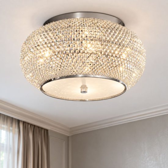 Ideal lux pasha' plafoniera 6 luci e14 40cm per camera da letto con perle di cristallo cromo
