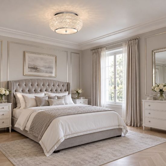 Ideal lux pasha' plafoniera 6 luci e14 40cm per camera da letto con perle di cristallo cromo