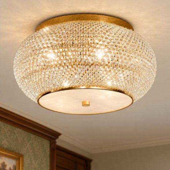 Ideal lux pasha' plafoniera 6 luci e14 40cm per camera da letto con perle di cristallo oro