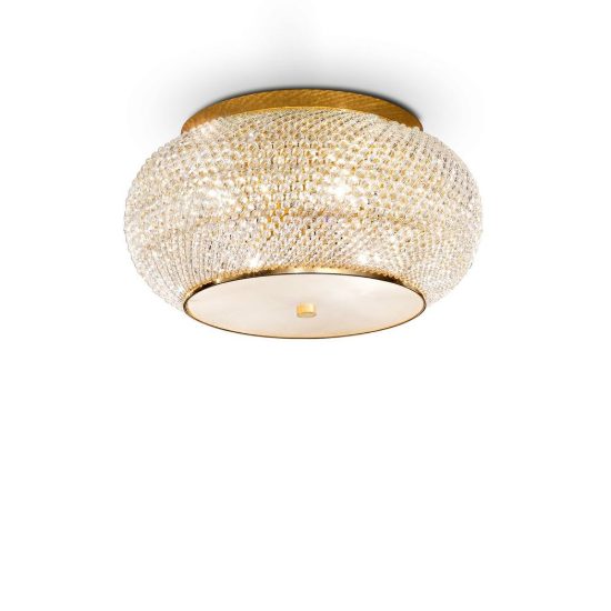Ideal lux pasha' plafoniera 6 luci e14 40cm per camera da letto con perle di cristallo oro
