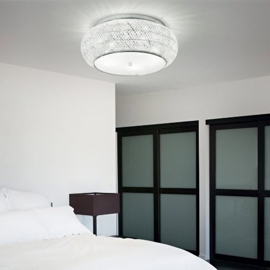 Ideal lux pasha' plafoniera 6 luci e14 40cm per camera da letto con perle di cristallo oro