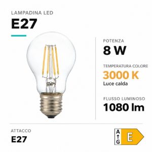 Lampadina e27 led 8w 3000k filamento goccia trasparente ideal lux
