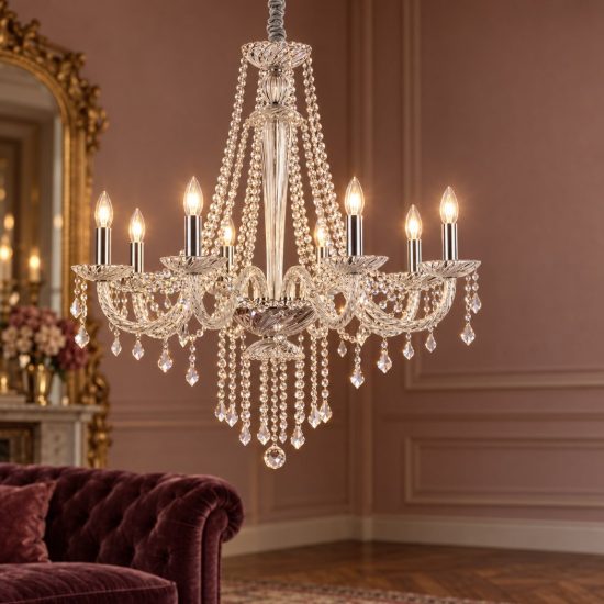 Ideal lux amadeus lampadario 8 luci e14 80cm per salotto classico trasparente con pendenti