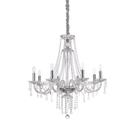 Ideal lux amadeus lampadario 8 luci e14 80cm per salotto classico trasparente con pendenti