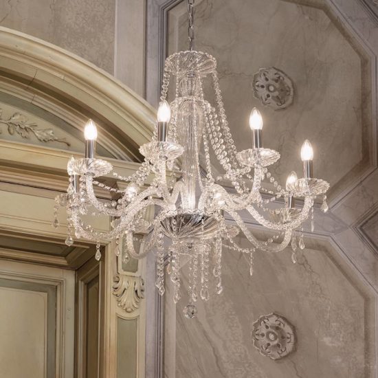 Ideal lux amadeus lampadario 8 luci e14 80cm per salotto classico trasparente con pendenti