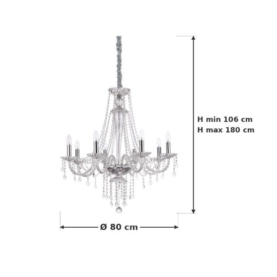 Ideal lux amadeus lampadario 8 luci e14 80cm per salotto classico trasparente con pendenti