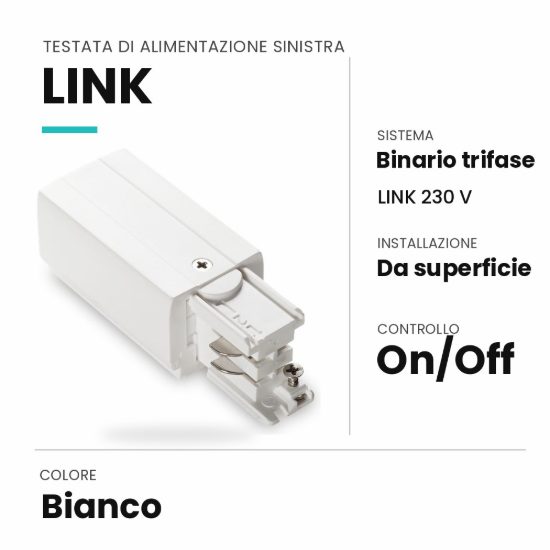 Ideal lux link testata di alimentazione sinistra per binario trifase da superficie on-off bianca