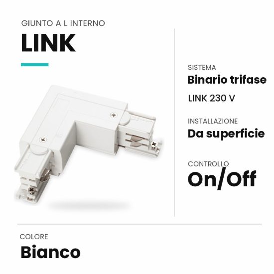 Ideal lux link giunto a l interno per binario trifase da superficie on-off bianco