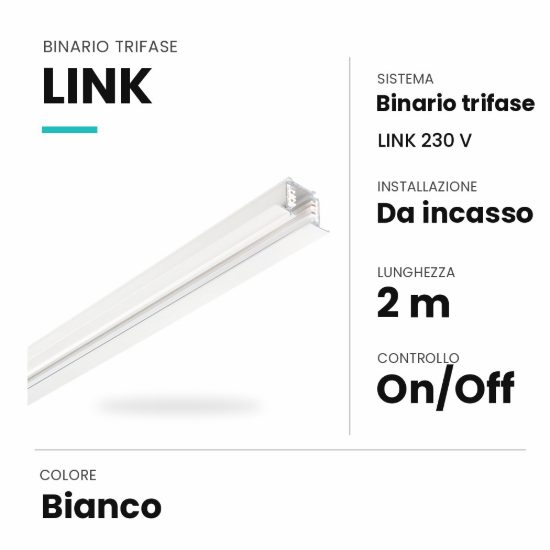 Ideal lux link binario trifase da incasso 2m on-off bianco