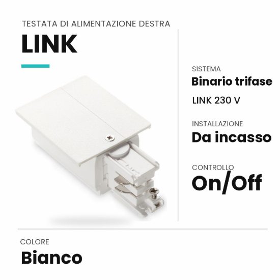 Ideal lux link testata di alimentazione destra per binario trifase da incasso on-off bianca