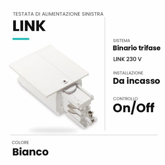 Ideal lux link testata di alimentazione sinistra per binario trifase da incasso on-off bianca