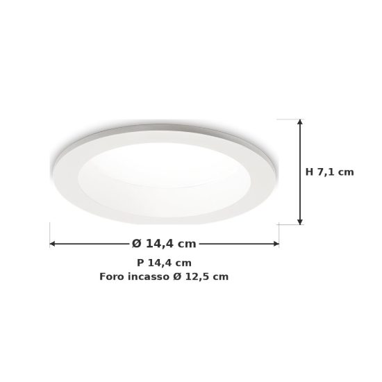 Ideal lux basic faretto da incasso per cartongesso led smd 20w 3000k foro 12,5cm rotondo bianco